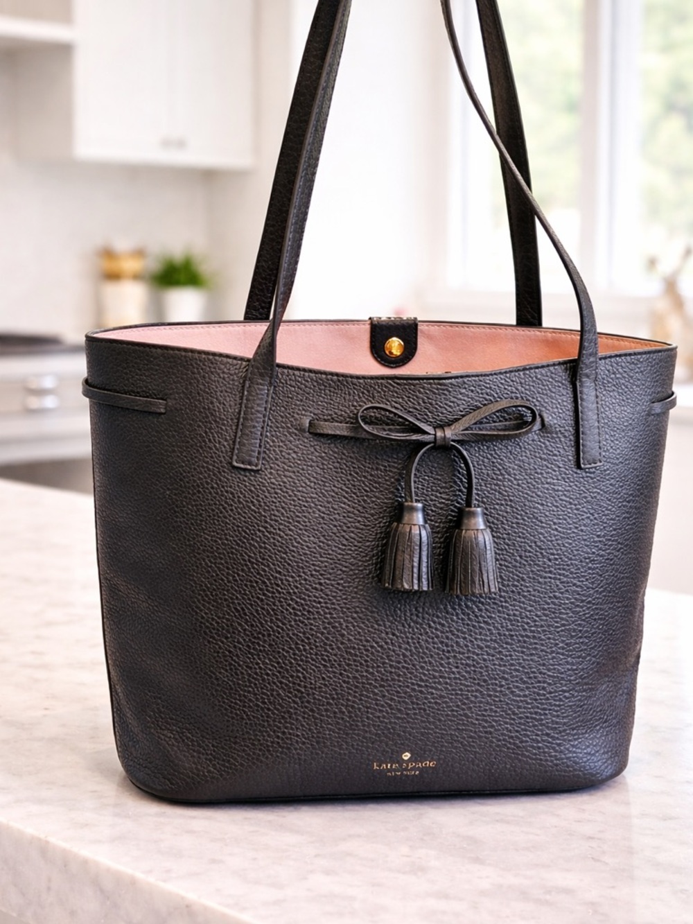 kate spade Hayes Street Nandy Black Leather Tote and Tassel Detail